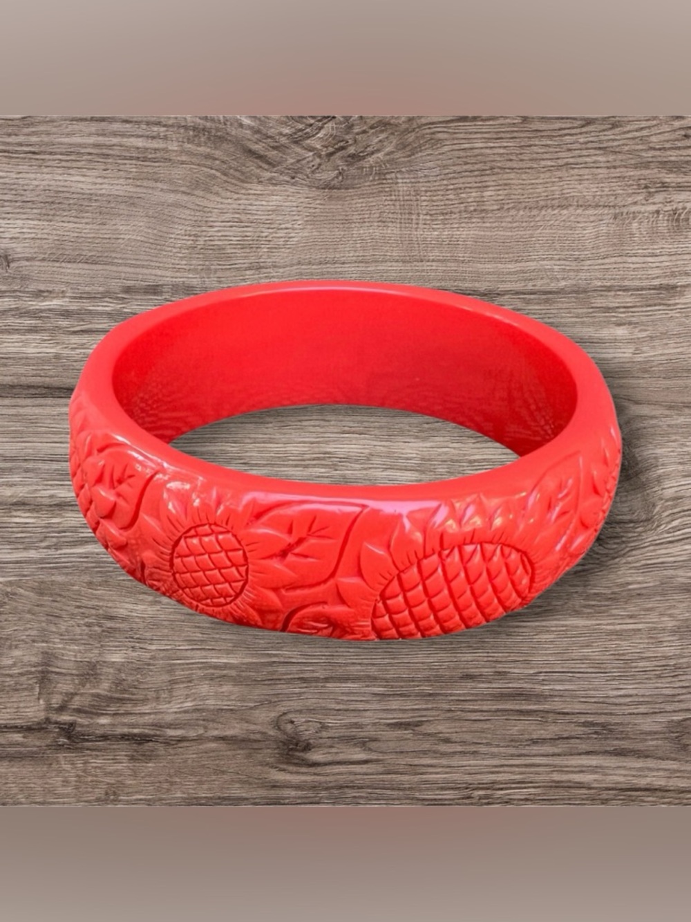 Vintage Coral color Carved Molded Floral Sunflowers motif Bangle Bracelet.